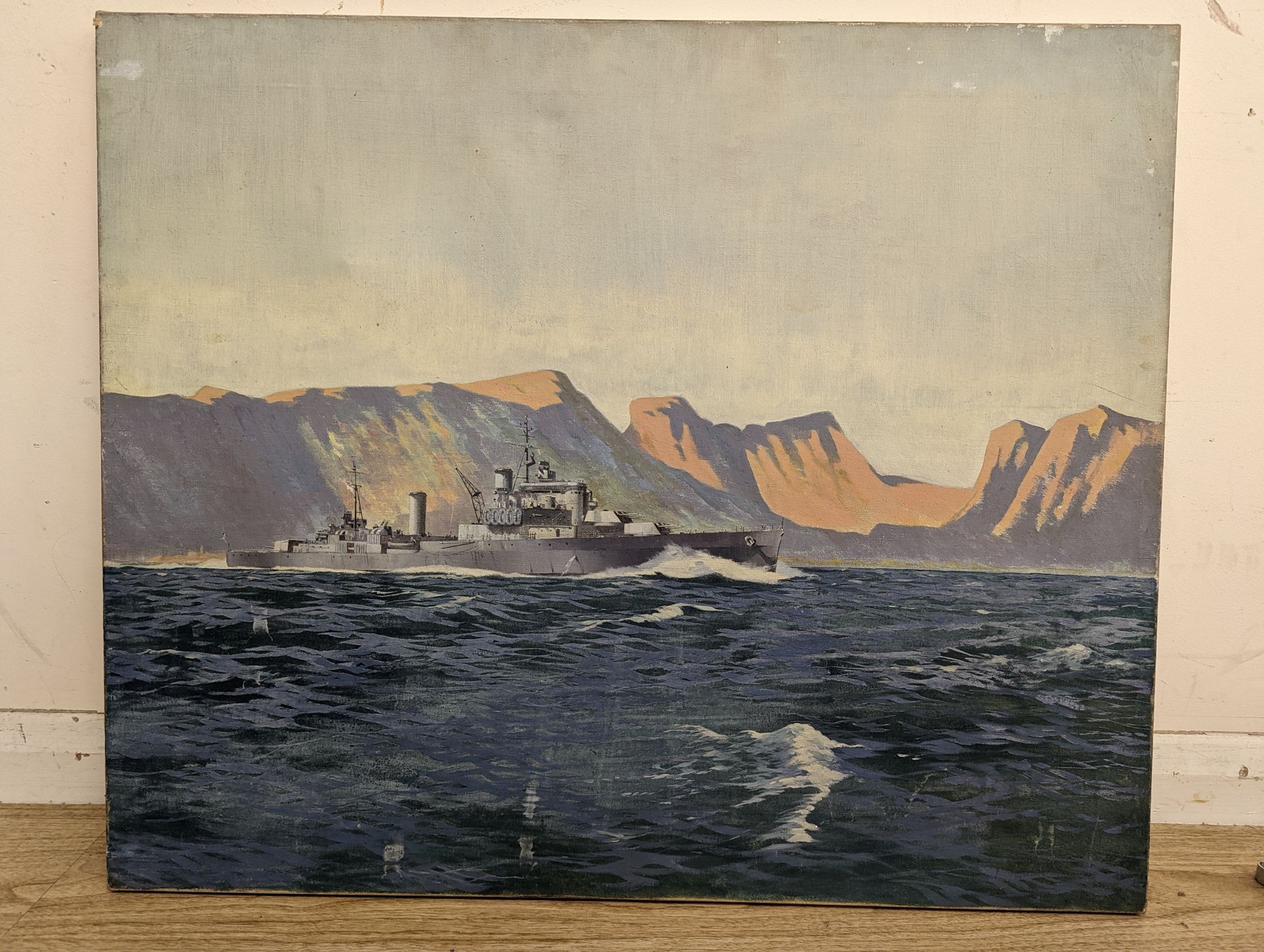 Modern British, oil on canvas, Warship at sea, 63 x 76cm, unframed
